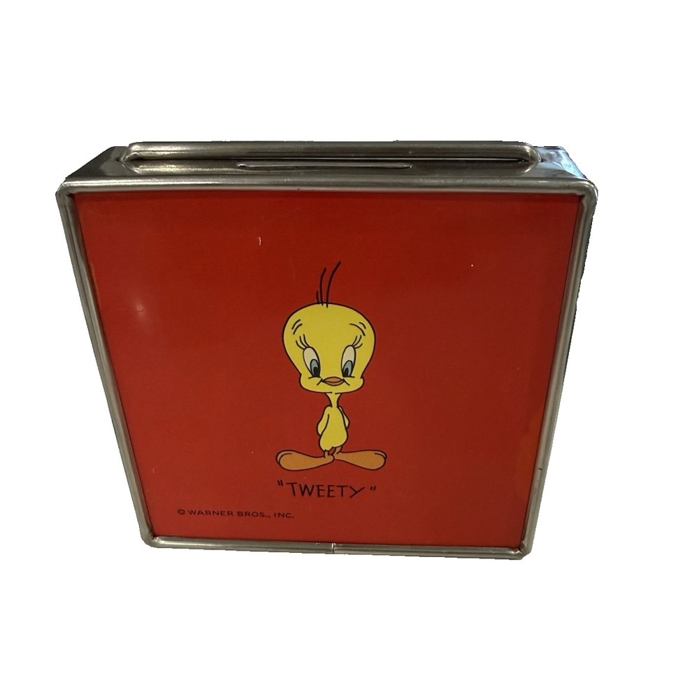 Vintage Tweety Bird Red Coin Bank 1970's 3.75"x4"x1" with Key and Handle